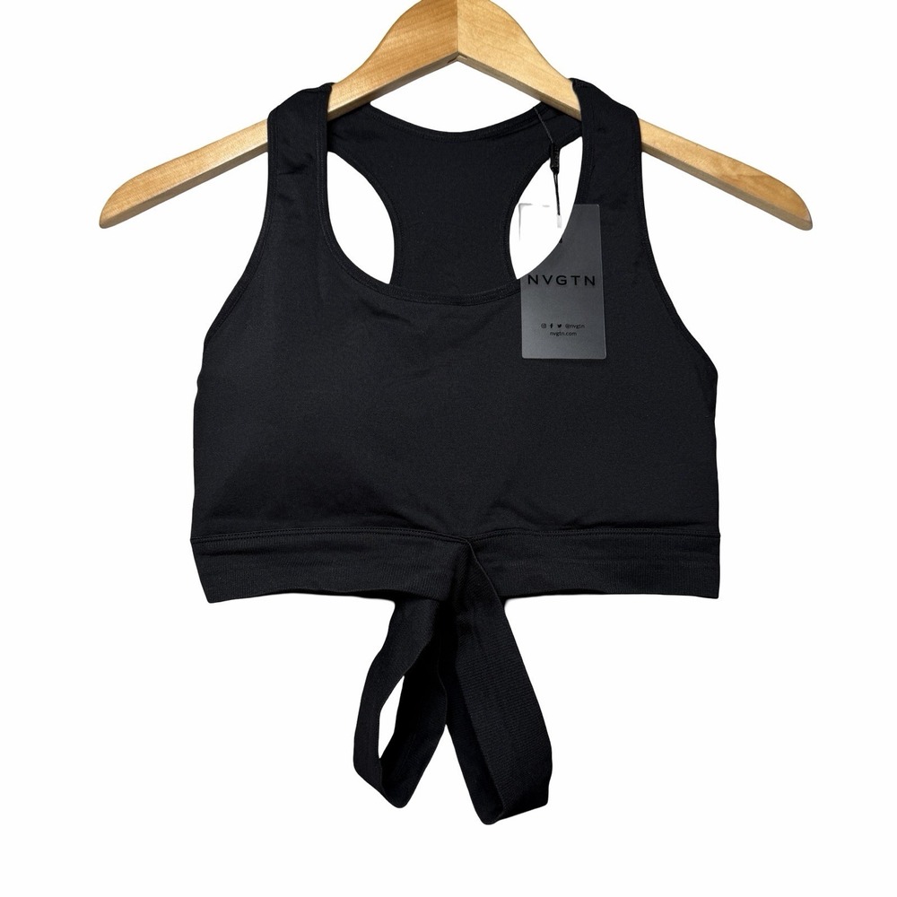 NWT NVGTN Womens Sports Bra XL Black Tie Front Racerback Workout Gym Minimalist